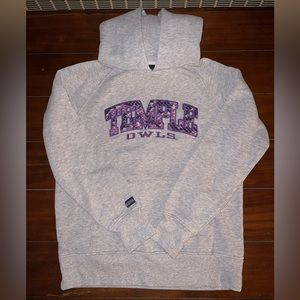 Jansport gray hoodie with purple temple owls writing on front. Size medium.